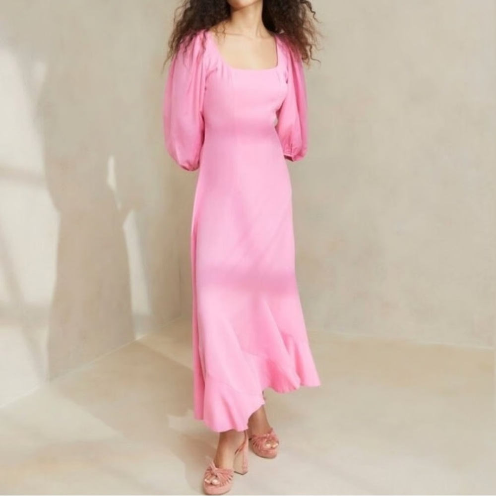 Loeffler Randall sz 8 Carmina Bubblegum Pink Curve Puff Sleeve Midi Maxi Dress